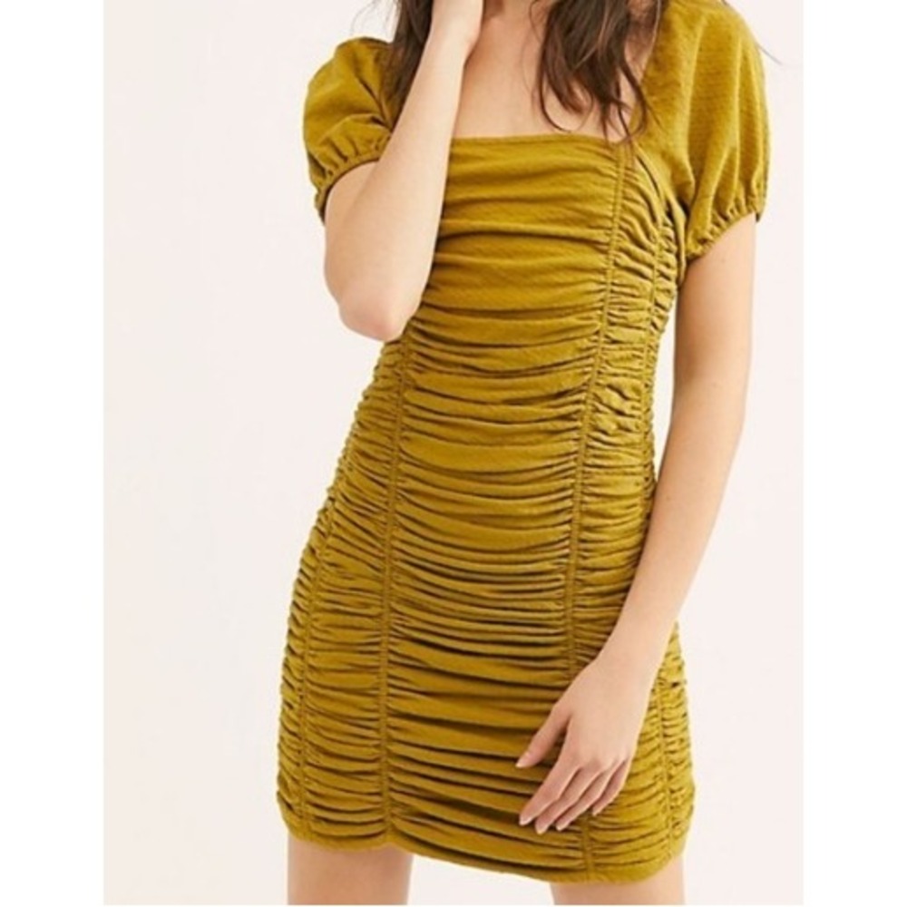 Free People Mini Dress Womens XS Chartreuse Ruched Swiss Dot Puff Sleeve Boho